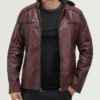 Men’s Rogueburn Hooded Biker Leather Jacket Burgundy and Black 1