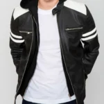 Men’s hooded leather moto jacket with white racing stripes – sporty style meets rugged streetwear