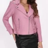 PowderPunch Women’s Cropped Pink Moto Leather Jacket (4)