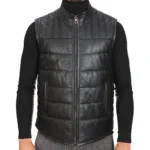 QuiltRidge Men’s Black Stand Collar Leather Biker Vest