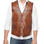 StitchCraft Men’s Distressed Brown Leather Moto Vest