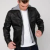 UrbanTorque Men’s Black Hooded Leather Biker Jacket