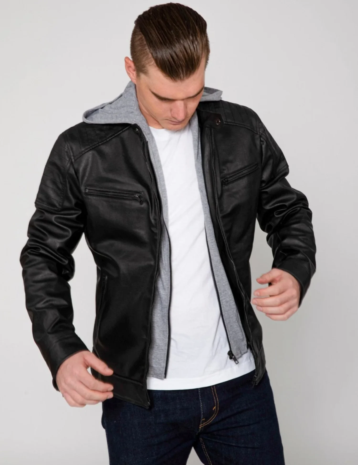 UrbanTorque Men’s Black Hooded Leather Biker Jacket
