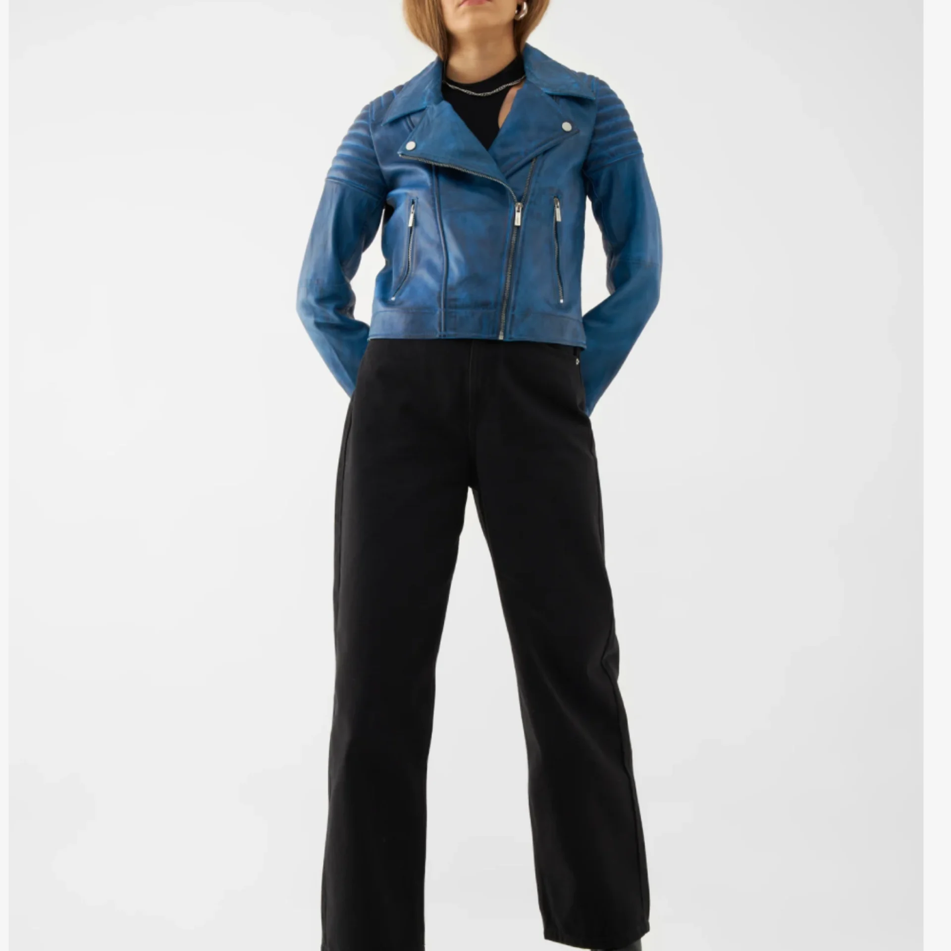 Women’s OceanBolt Textured Blue Leather Moto Jacket (8)