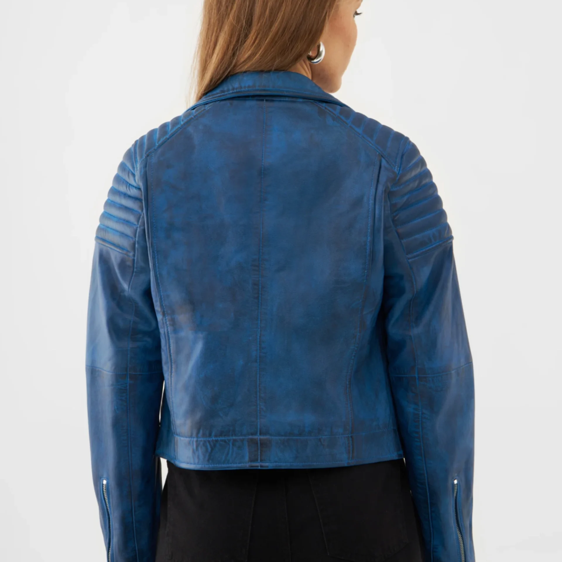 Women’s OceanBolt Textured Blue Leather Moto Jacket (9)