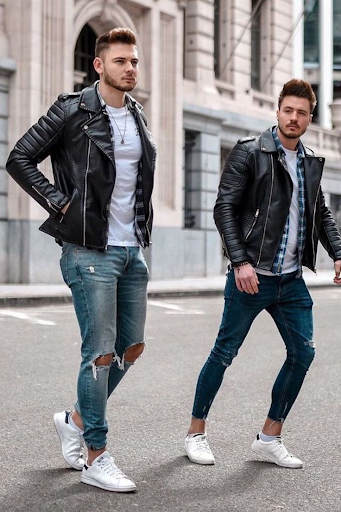 Black Leather Biker Jacket with Slim-Fit Ripped Blue Jeans - Biker Jacket