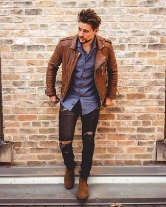 Brown Biker Jacket with Dark Grey Jeans - Biker Jacket