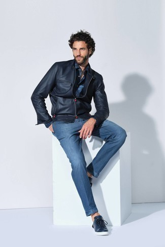 Classic Black Jacket with Navy Blue Jeans - Biker Jacket