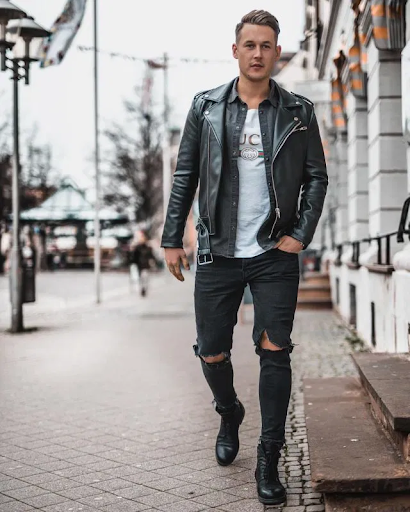 Distressed Leather Jacket with Ripped Black Jeans - Biker Jacket