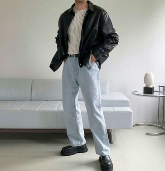 Oversized Biker Jacket with Light Wash Jeans - Biker Jacket