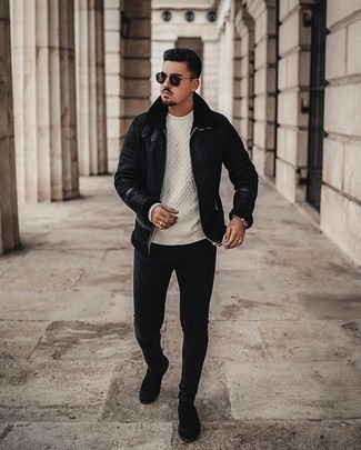 Shearling-Lined Jacket with Black Jeans - Biker Jacket