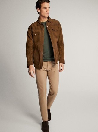 Suede Leather Jacket with Slim Khaki Jeans - Biker Jacket